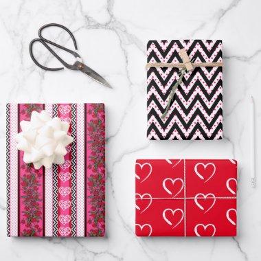 Pink Red White Black Valentines Hearts & Flowers Wrapping Paper Sheets