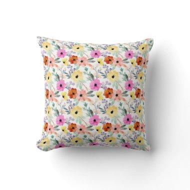 Pink, Red, Yellow Floral Watercolor Throw Pillow