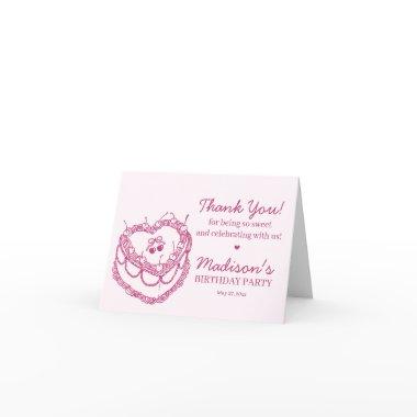 Pink Retro Heart Coquette Cherry Cake Birthday Thank You