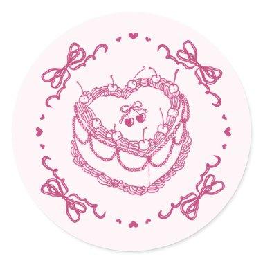 Pink Retro Heart Coquette Cherry Cake Envelope Classic Round Sticker