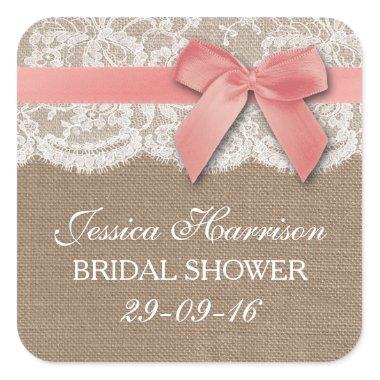 Pink Ribbon On Burlap & Lace Bridal Shower Square Sticker