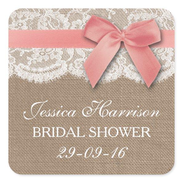 Pink Ribbon On Burlap & Lace  Square Sticker