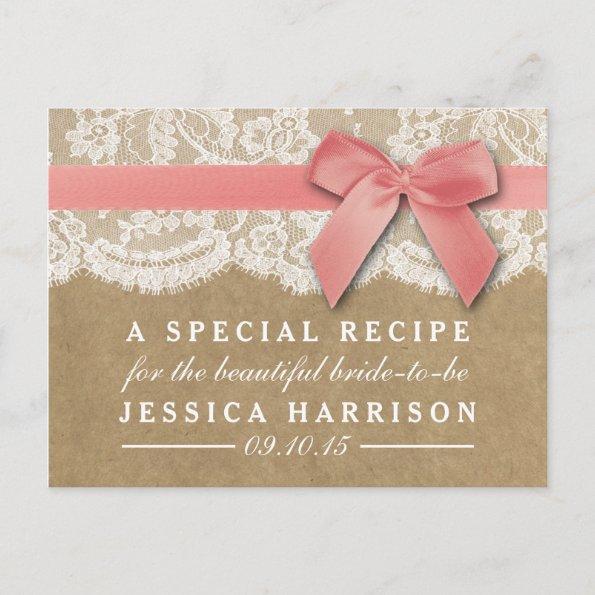 Pink Ribbon On Kraft & Lace Bridal Shower Recipe Invitation PostInvitations