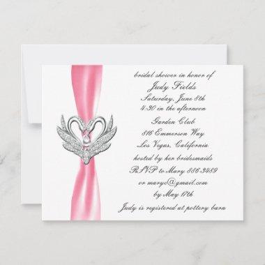 Pink Ribbon Silver Swans Bridal Shower Invitations