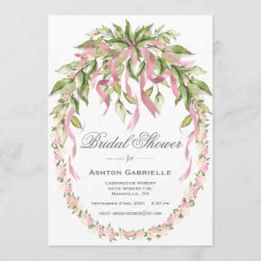 Pink Ribbons Floral Wreath Elegant Bridal Shower Invitations