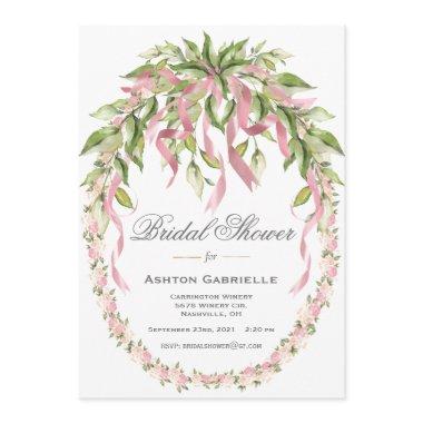 Pink Ribbons Floral Wreath Elegant Bridal Shower Invitations