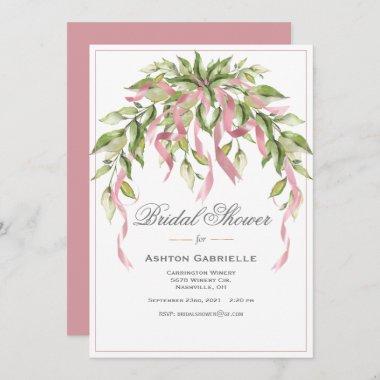 Pink Ribbons Greenery Elegant Bridal Shower Invit Invitations