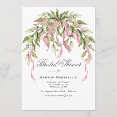 Pink Ribbons Greenery Elegant Bridal Shower Invitations