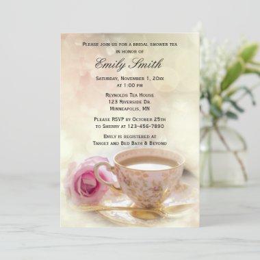 Pink Rose and Teacup | Elegant Bridal Shower Tea Invitations