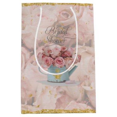 Pink Rose Bouquet Gold Bee Crown Blue Teapot Bride Medium Gift Bag