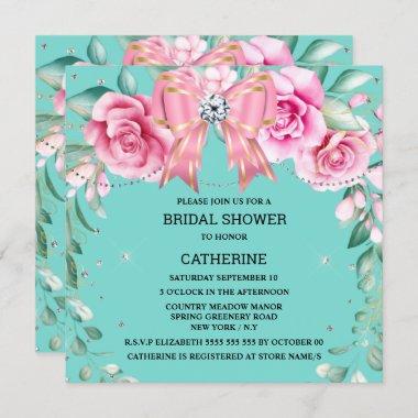 Pink rose country chic glitter bow teal glam Invitations