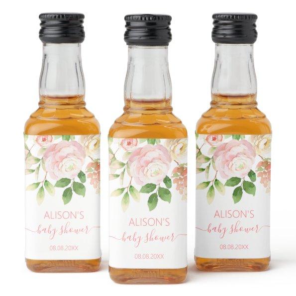 Pink Rose Elegant Floral Girl Baby Shower Mini Liquor Bottle Label