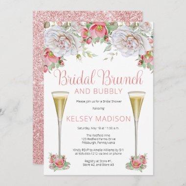 Pink Rose Floral Blooms Bridal Brunch and Bubbly I Invitations