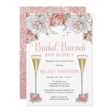 Pink Rose Floral Blooms Bridal Brunch and Bubbly I Invitations