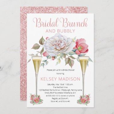Pink Rose Floral Blooms Bridal Brunch and Bubbly Invitations