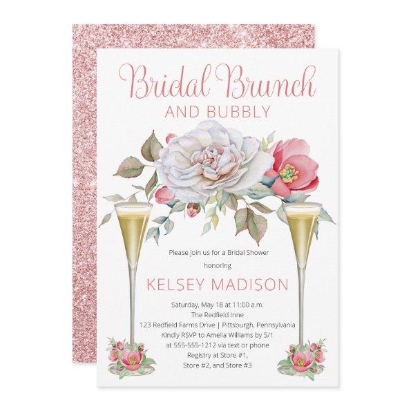 Pink Rose Floral Blooms Bridal Brunch and Bubbly Invitations