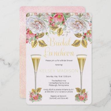 Pink Rose Floral Blooms Bridal Luncheon Foil Invitations