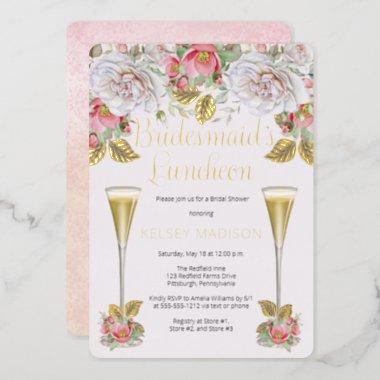 Pink Rose Floral Blooms Bridesmaids Luncheon Foil Invitations