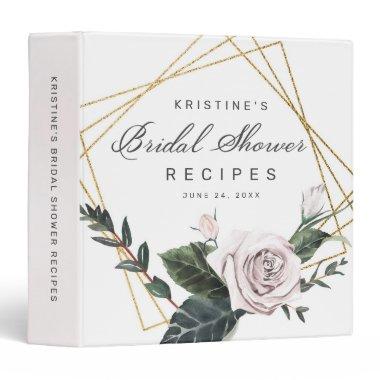Pink Rose Floral Gold Frame Bridal Shower Recipe 3 Ring Binder