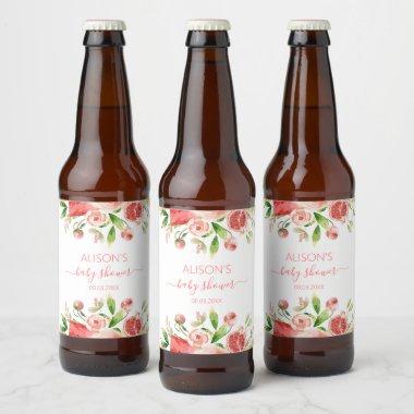 Pink Rose Floral Greenery Girl Baby Shower Beer Bottle Label