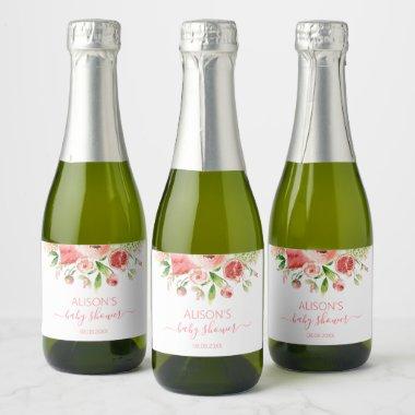 Pink Rose Floral Greenery Girl Baby Shower Mini Sparkling Wine Label