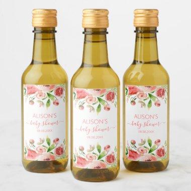 Pink Rose Floral Greenery Girl Baby Shower Mini Wine Label