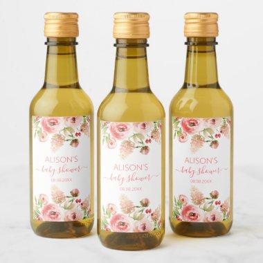 Pink Rose Floral Greenery Girl Baby Shower Mini Wine Label