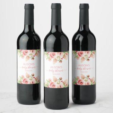 Pink Rose Floral Greenery Girl Baby Shower Wine Label