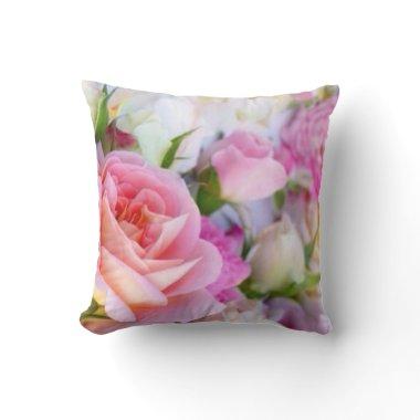 Pink Rose Floral - Monogram Throw Pillow