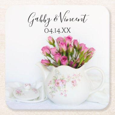 Pink Rose Flowers in Teapot Tea Party Wedding Square Paper Coaster