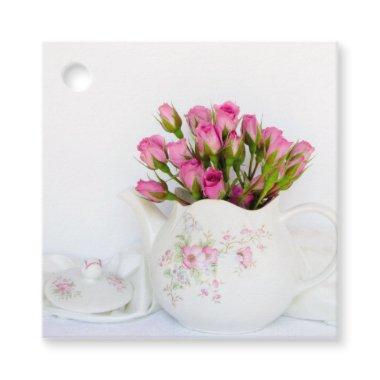 Pink Rose Flowers in Teapot Wedding Favor Tags
