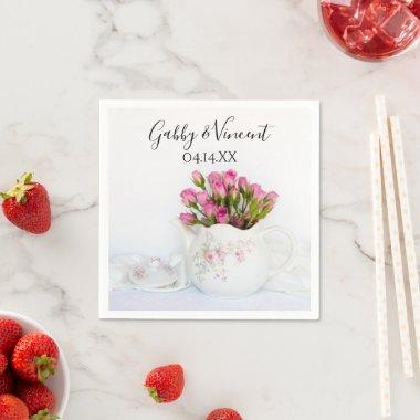 Pink Rose Flowers in Teapot Wedding Napkins