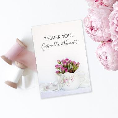 Pink Rose Flowers in Teapot Wedding Thank You Note