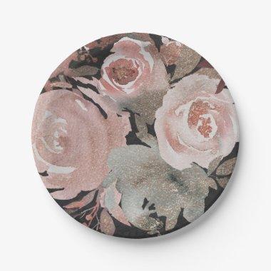 Pink Rose Glitter Roses Dark Floral Glam Elegant Paper Plates