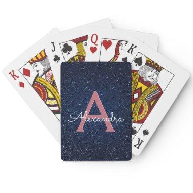 Pink Rose Gold and Navy Blue Glitter Monogram Poker