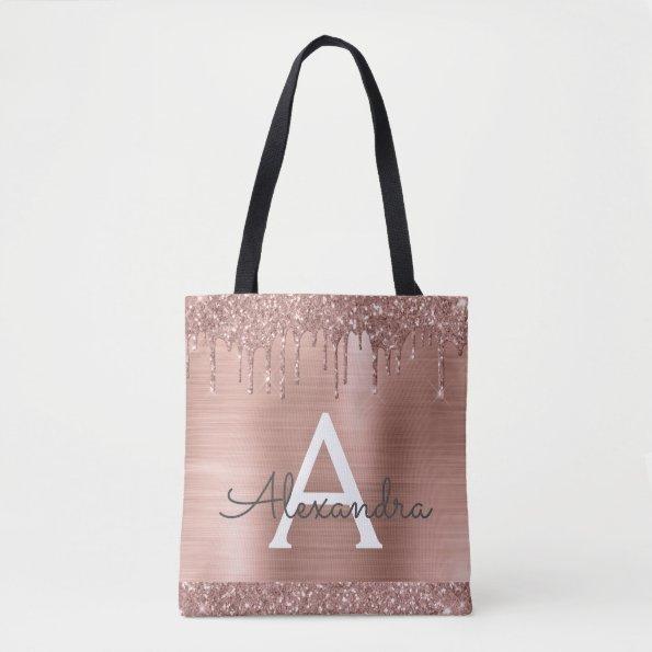 Pink Rose Gold Blush Pink Glitter Elegant Monogram Tote Bag