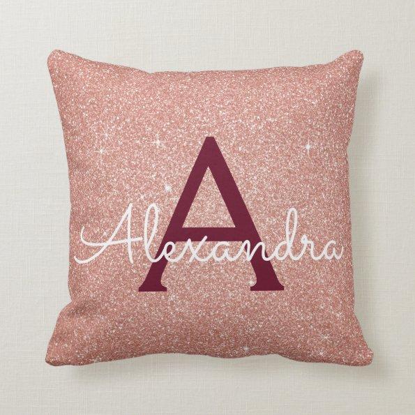 Pink Rose Gold - Burgundy Sparkle Glitter Monogram Throw Pillow
