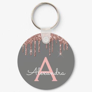 Pink Rose Gold Charcoal Grey Glitter Monogram Keychain