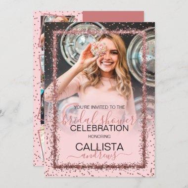 Pink Rose Gold Confetti Border Photo Bridal Shower Invitations