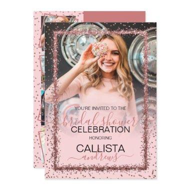 Pink Rose Gold Confetti Border Photo Bridal Shower Invitations