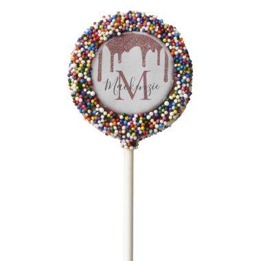 Pink Rose Gold Faux Glitter Drips Monogram Chocolate Covered Oreo Pop