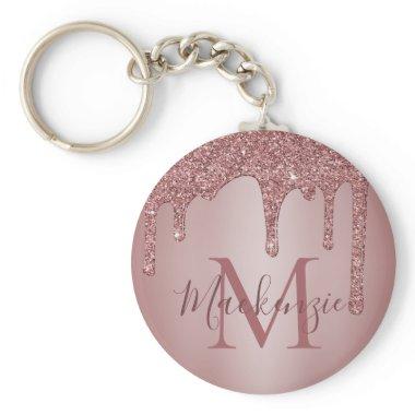 Pink Rose Gold Faux Glitter Drips Monogram Keychain