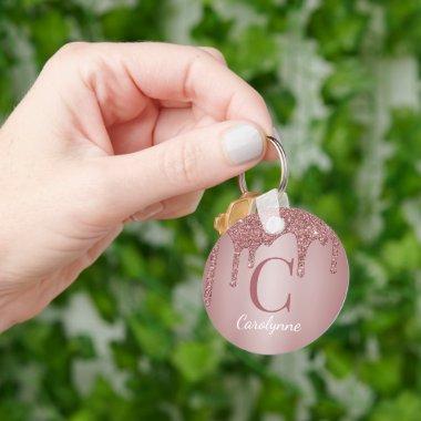 Pink Rose Gold Faux Glitter Drips Monogram Keychain