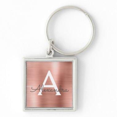 Pink Rose Gold Faux Stainless Steel Monogram Keychain
