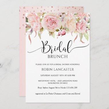 Pink, Rose Gold Floral Bridal Shower / Brunch Invitations