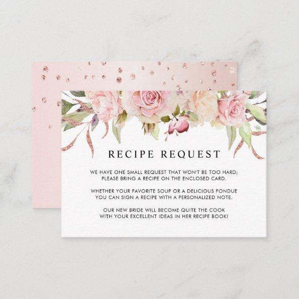 Pink, Rose Gold Floral Bridal / Wedding Recipe Enclosure Invitations