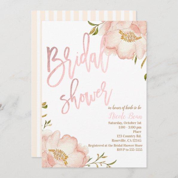 Pink Rose Gold Floral Modern Elegant Bridal Shower Invitations