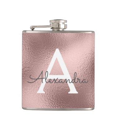 Pink Rose Gold Foil and Sparkle Monogram Flask