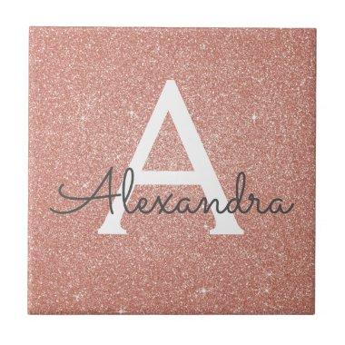 Pink Rose Gold Glitter and Sparkle Monogram Ceramic Tile