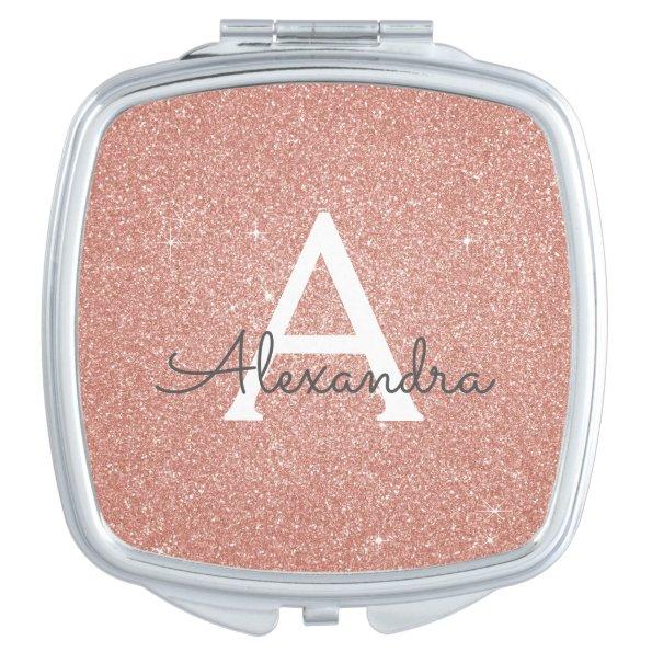 Pink Rose Gold Glitter and Sparkle Monogram Compact Mirror